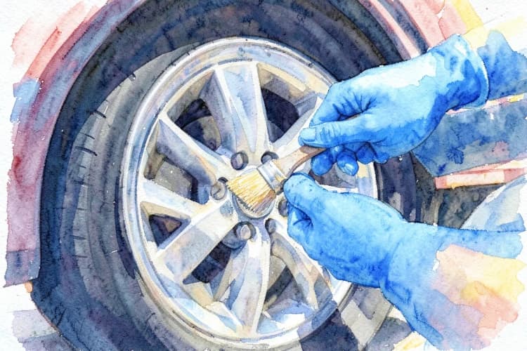 Mãos com luvas azuis limpando detalhadamente a roda de um carro com um pincel pequeno.