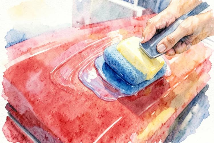 Pintura de carro sendo encerada com uma boina de espuma, criando uma camada protetora brilhante.