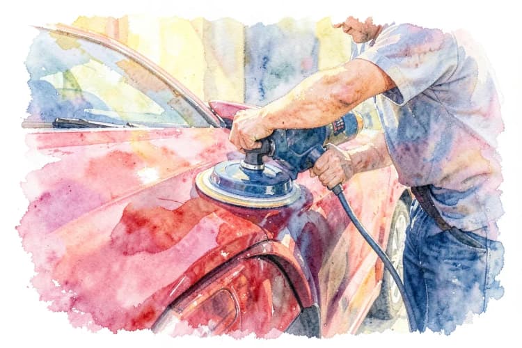 Pessoa aplicando cera em um carro com uma máquina politriz orbital, com brilho na pintura.