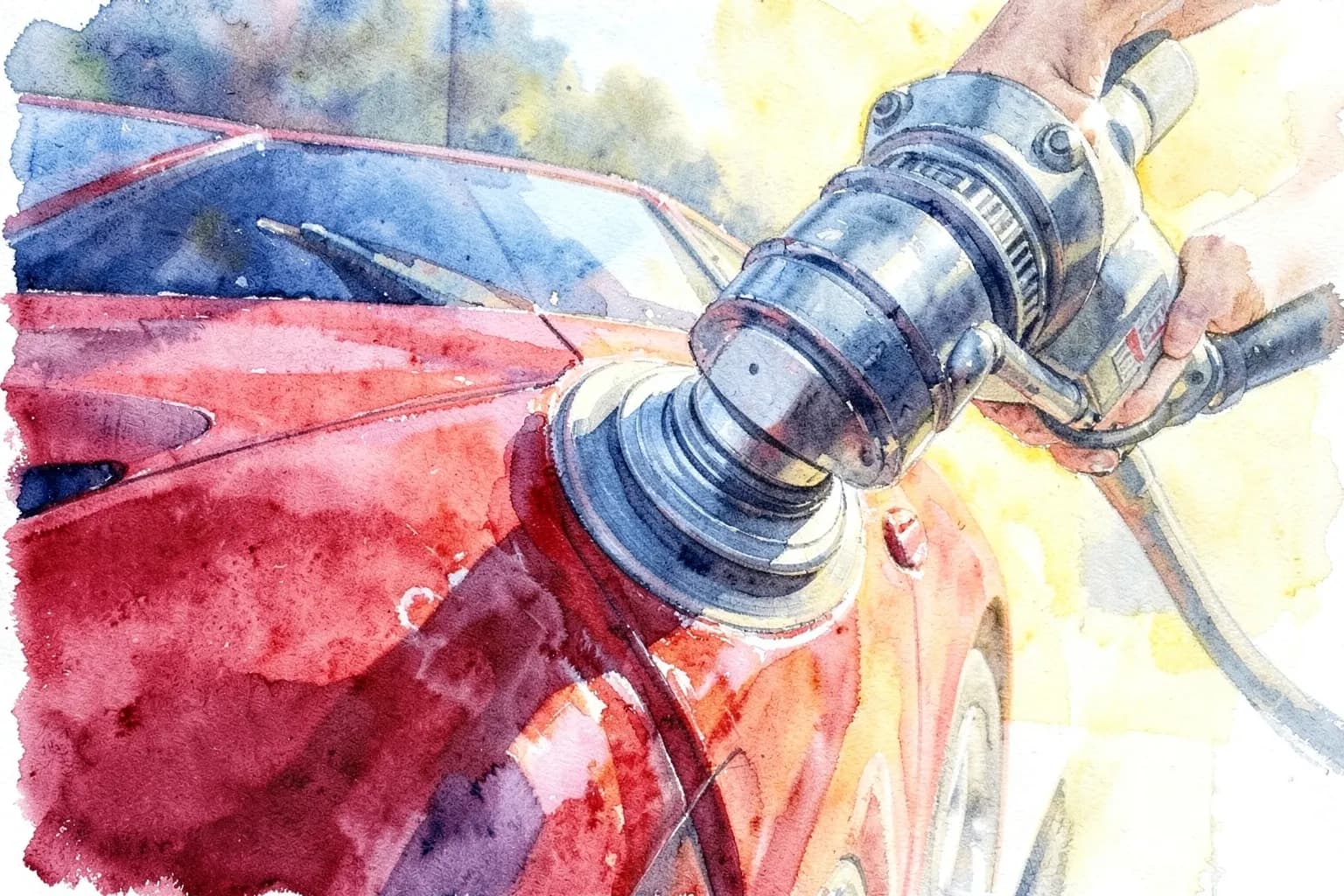 Carro sendo polido com uma máquina politriz, com espuma visível e brilho na pintura.