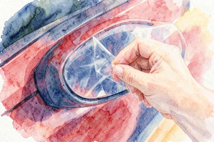 Close-up de uma mão aplicando película protetora de pintura (PPF) em um detalhe curvo de um carro, como um retrovisor.