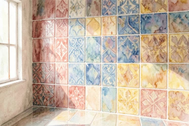 Uma parede com azulejos cerâmicos de diferentes texturas e cores, destacando o padrão e o acabamento.