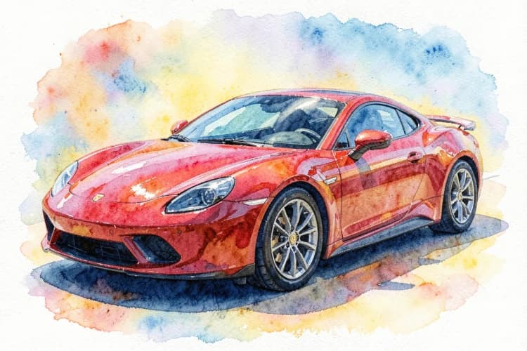Um carro esportivo brilhando após a aplicação de película protetora de pintura (PPF), com reflexos nítidos na superfície.