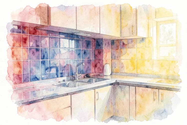 Uma cozinha moderna com bancada e parede revestidas em azulejos cerâmicos elegantes, demonstrando durabilidade e estética.