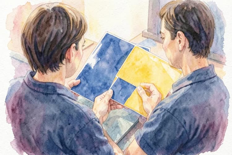 Uma pessoa indecisa olhando para amostras de película protetora de pintura (PPF) e azulejos cerâmicos, simbolizando a escolha.