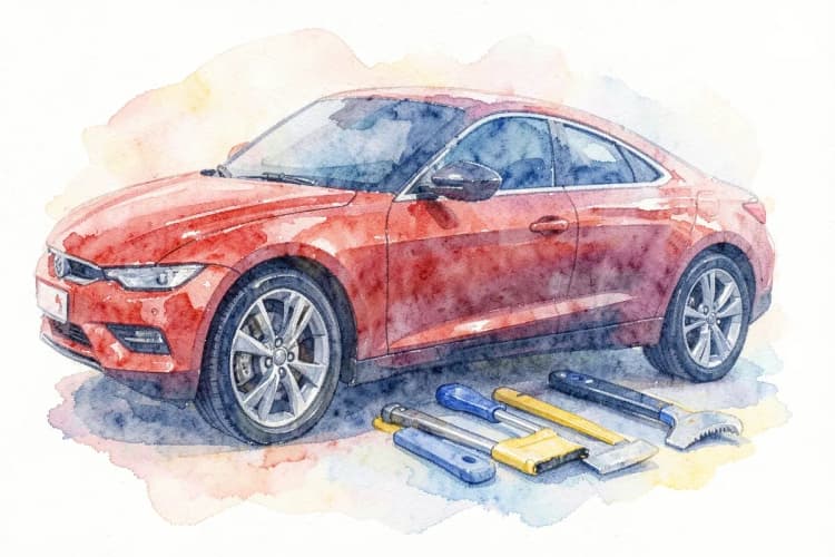 Um kit de limpeza automotiva ao lado de um carro com película protetora de pintura (PPF) e um conjunto de ferramentas de instalação de revestimento cerâmico.