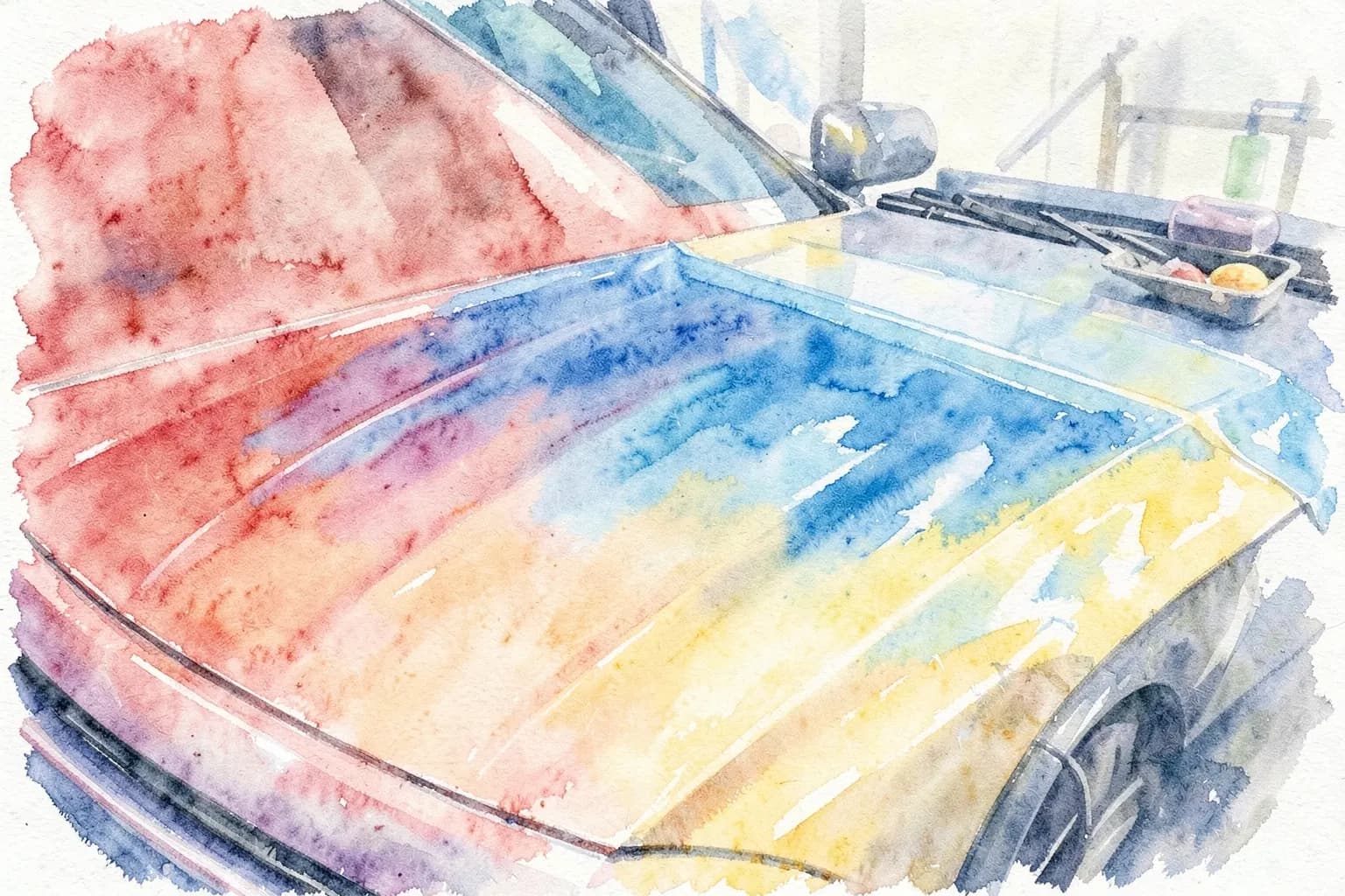 Um carro com película protetora de pintura (PPF) sendo aplicada em um capô, mostrando o brilho e a transparência da película.