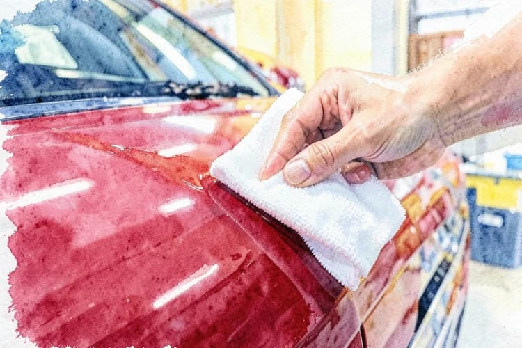 Close-up de um profissional aplicando cera em um carro de luxo vermelho.
