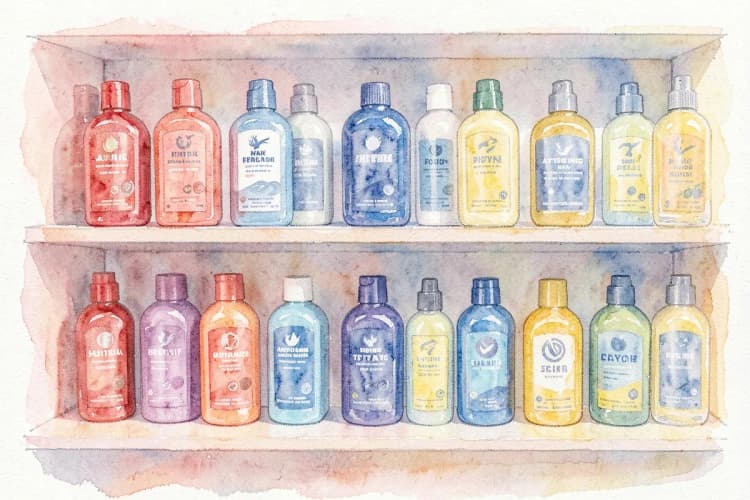 Variedade de frascos de produtos para proteção de pintura automotiva em uma prateleira.