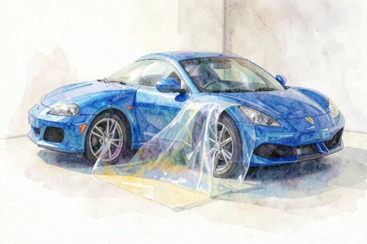 Um rolo de película transparente (PPF) ao lado de um carro esportivo azul.