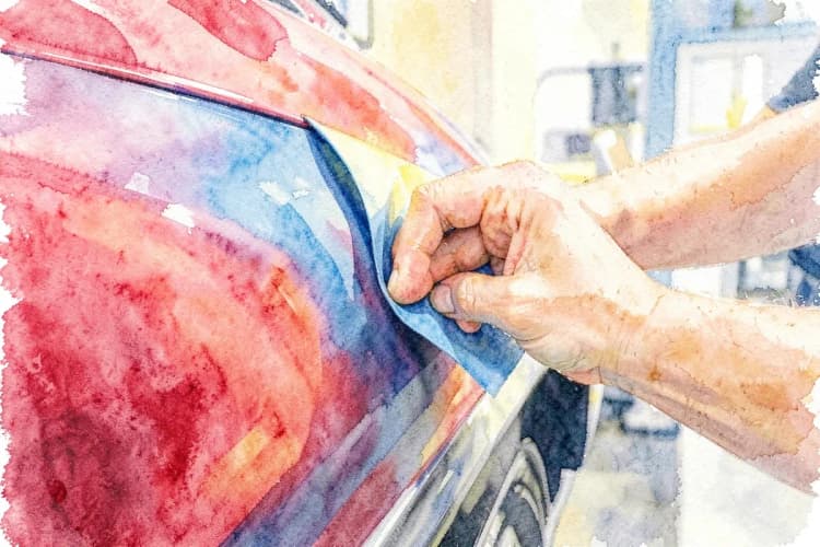 Mão de um detalhador automotivo aplicando película PPF em um para-choque de carro de luxo.
