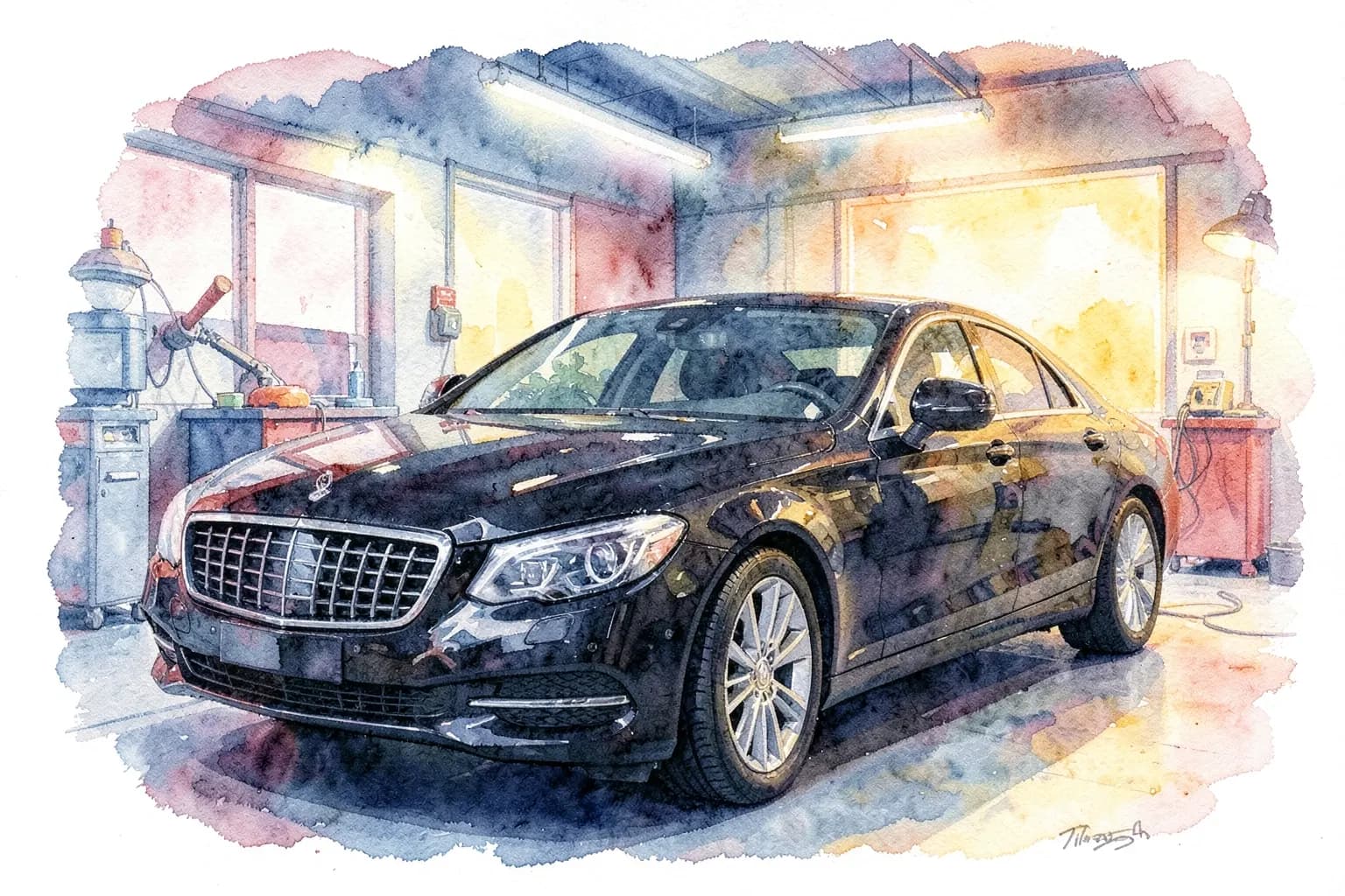 Um carro de luxo preto sendo polido em uma oficina com iluminação profissional.