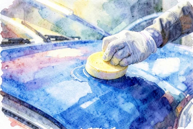 Um detalhista de carros aplicando cera em um capô de carro azul com um aplicador de espuma, detalhe da mão com luva, luz de LED artificial vinda de cima, foco na aplicação cuidadosa.