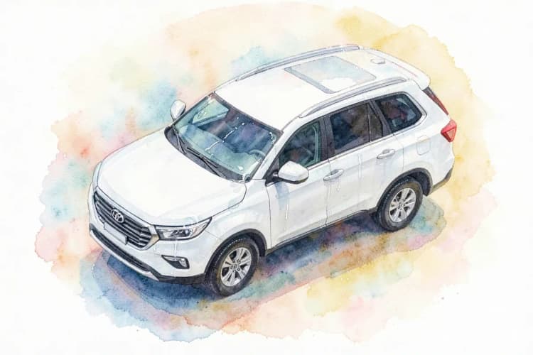 Um carro SUV branco sendo coberto com uma fina camada de selante cerâmico, vista de cima mostrando o brilho uniforme, luz suave de estúdio, momento da aplicação.