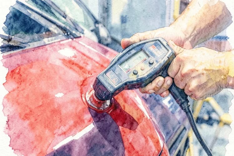 Um profissional medindo a espessura da película de verniz de um carro com um medidor digital, plano detalhe da mão segurando o aparelho sobre a pintura, luz de oficina, medição precisa.