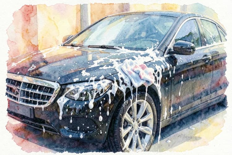 Um carro de luxo preto sendo lavado com espuma ativa e um rodo de microfibra, plano médio, luz do sol forte da manhã, processo de lavagem detalhado.