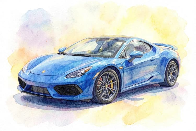 Um carro esportivo azul com a pintura recém-protegida, exibindo um brilho intenso sob a luz do sol, plano geral mostrando o veículo completo, luz solar direta, após a proteção.