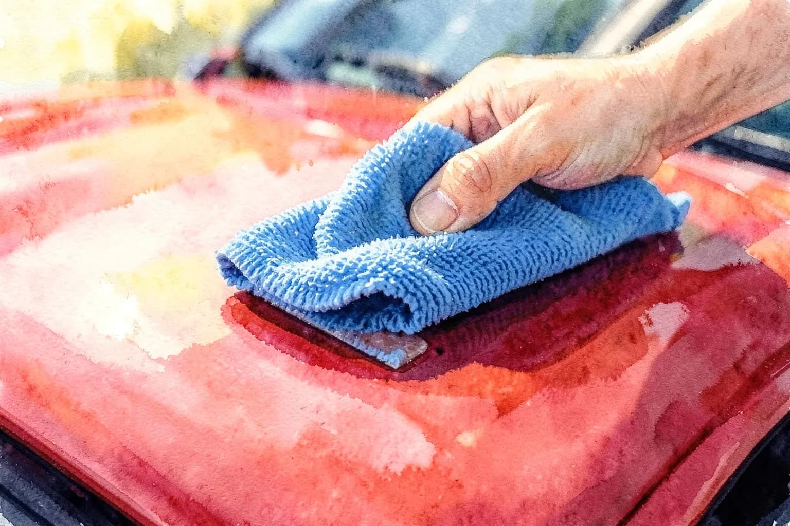 Um carro esportivo vermelho brilhante sendo polido com um pano de microfibra azul, close-up nas linhas do capô, luz do sol refletindo na superfície, foco na ação de polimento.