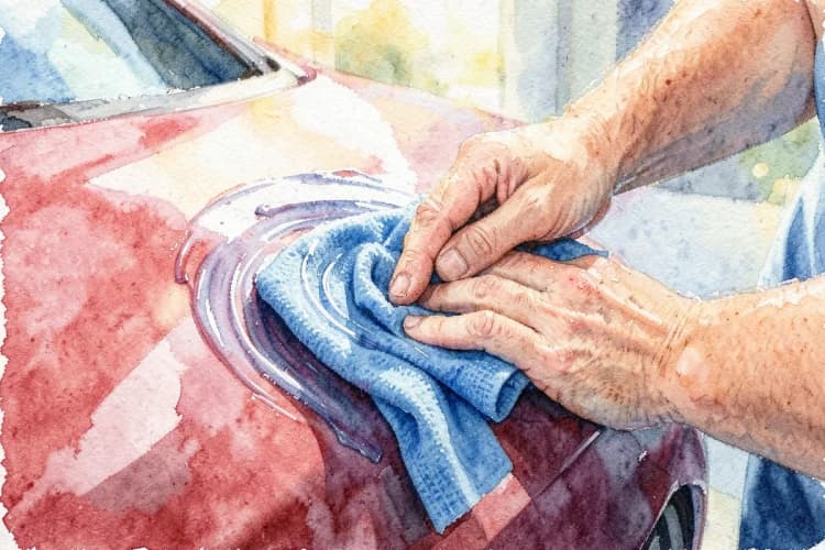 Close-up de um homem encerando um carro com um pano de microfibra azul