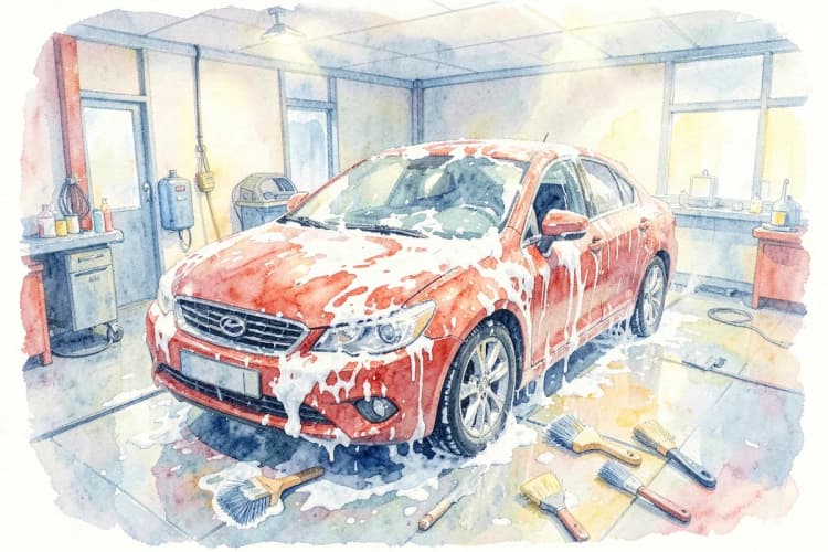 Vista aérea de um carro sendo lavado em detalhes com espuma e escovas em uma oficina