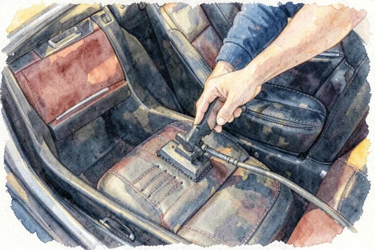 Um carro de luxo preto sendo aspirado em detalhes no interior por um profissional