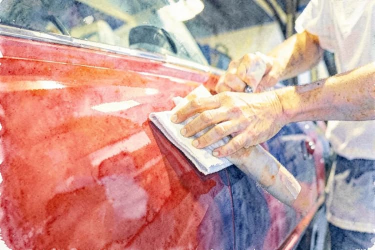 Um carro clássico sendo polido à mão com cera em uma garagem com luzes fortes