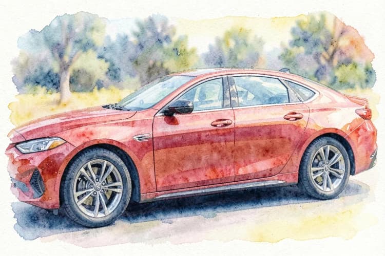 Um carro moderno sendo inspecionado após detalhamento, com reflexos nítidos na pintura