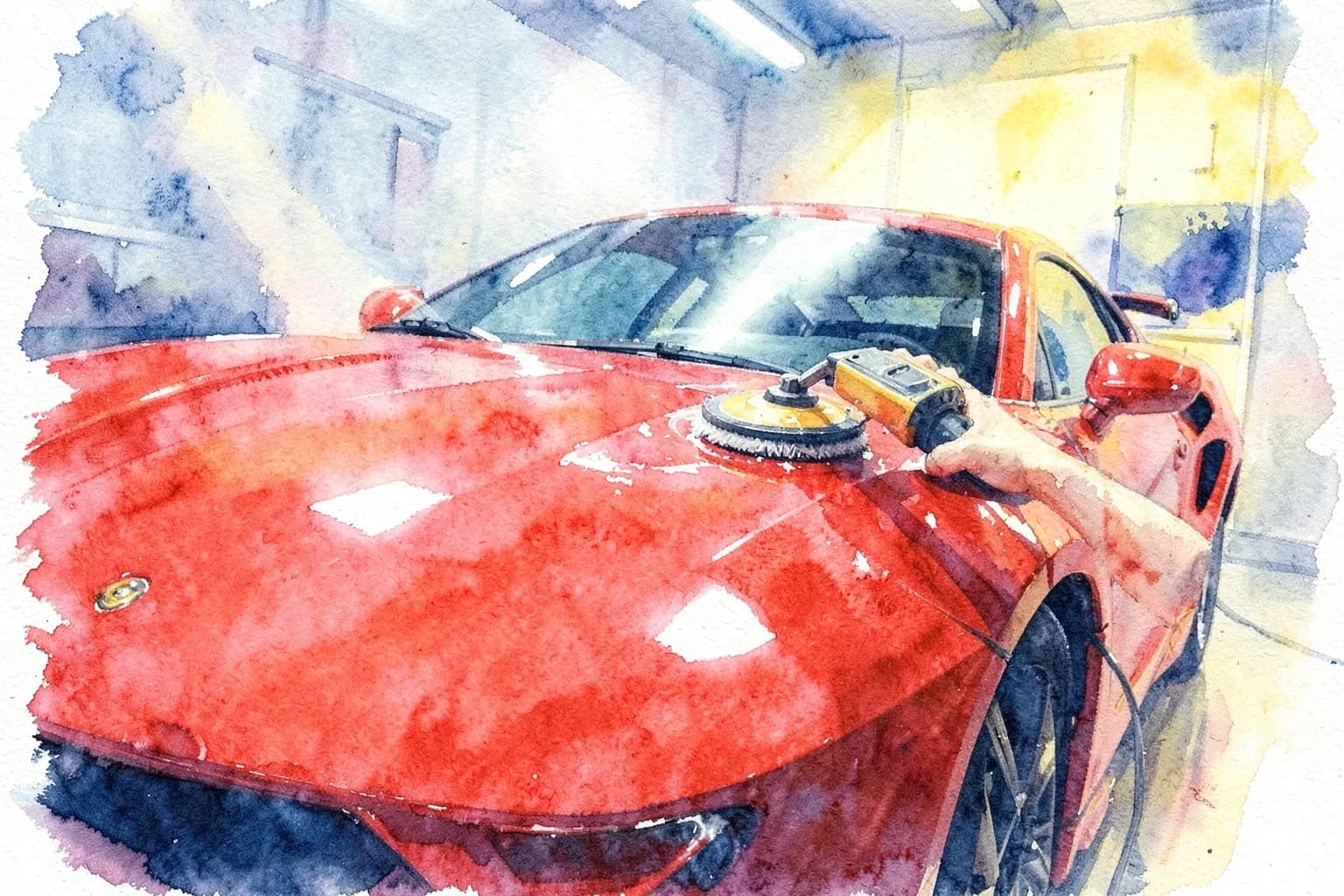 Um carro esportivo vermelho sendo polido em uma oficina com luzes brilhantes