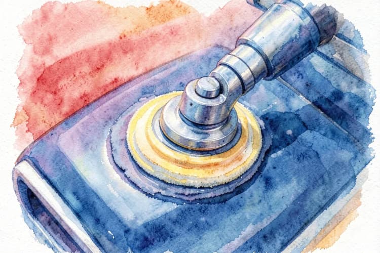 Máquina politriz em ação sobre a pintura de um carro, removendo imperfeições.