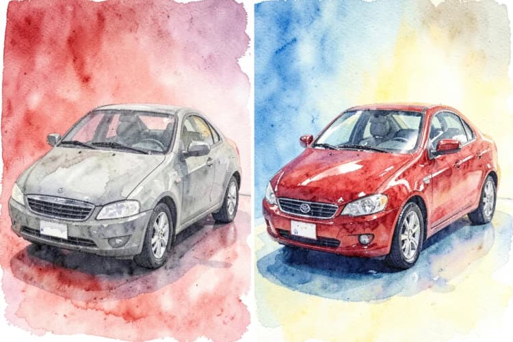 Comparação lado a lado de um carro antes e depois do polimento, mostrando a diferença de brilho.